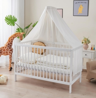 Alavya Home® Komplettbett TOBI 5-tlg. SET für Kleine Babys I 9-fach höhenverstellbarer EN 716-1, Babybett 70x140 mit Matratze und Himmel + Himmelstange aus Buchenholz