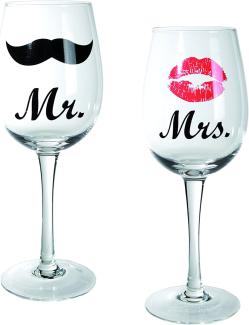 Out of the blue Weinglas mit Kussmund & Schnurrbartdekor Mr und Mrs, circa 430 ml, Höhe 22,5 cm 2-er Set in PVC-Box