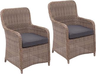 2er-Set Poly-Rattan Stuhl HWC-E98, Rattanstuhl Gartenstuhl Korbsessel, Spun Poly halbrundes Rattan beige Kissen grau