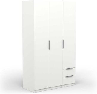 Demeyere Moderner Kleiderschrank mit 3 Türen, 2 Schubladen, 4 Fächern, Mattes Weiß, 119,4 x 51,1 x 203 cm, Holzwerkstoff, grau