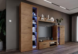 FURNIX Wohnwand Riva Mediawand Modern Holz Wohnzimmer 4-TLG Komplett-Set - TV Lowboard, Highboard Vitrine, Wandregal - Modern Freistehend - B 270 x H 190 x T 40,2 cm, Farbe Lefkas Eiche