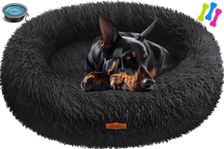 LOVPET® Hundebett Hundekissen Katzenbett Bagel, Waschbar, Inkl. Napf + 3x Kauknochen, Hundesofa flauschig Kissen Rund aus Plüsch für Kleine, Mittelgroße & Große Hunde, Katzen Schwarz, 4XL (120 x 120 cm)