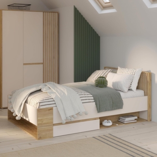 Forte ELISTON Bett, Liegefläche: 120x200 cm, modernes Bettgestell mit Lamellendesign, Schlafzimmer, Mauvella Eiche Holzdekor|Kashmir Beige, 130 cm breit x 84 cm hoch x 210,3 cm tief