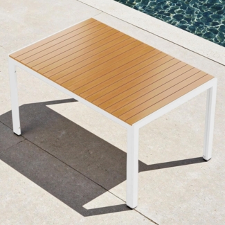 Clevich Wetterfester Gartentisch 140x90 cm, Quadratisch aus Aluminium mit WPC Tischplatte, Outdoor Esstisch für Balkon und Terrasse, pflegeleicht und langlebig, Weiß+Teak