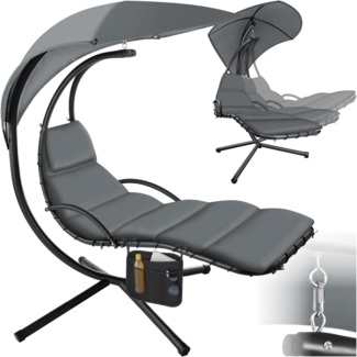 tectake® Hängeliege mit Gestell, Schwebeliege, Schwingliege mit Sonnendach, Schaukelliege, Hängesessel inkl. Tasche, Polsterauflage mit Kopfkissen, für Garten, Terrasse und Balkon - grau