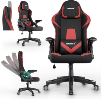 Onbest Gaming-Stuhl ergonomisch mit Lordosenkissen bis 150kg, 360°, verstellbare Armlehnen Kopfstütze Rückenlehne