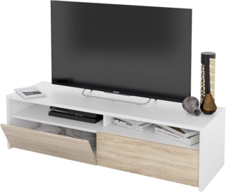 Wohnzimmer-TV-Ständer mit zwei Türen mit Vasistas-Öffnung und zwei kleinen Fächern, weiße Farbe mit eichenfarbenen Türen, Maße 130 x 36 x 40 cm