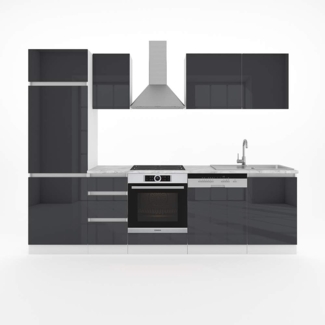 Vicco Küchenzeile Optima, Anthrazit Hochglanz/Weiß, 270 cm ohne Arbeitsplatte, grifflos