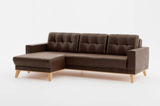 CAVADORE Ecksofa Lima mit Longchair / Couch in L-Form in Wildlederoptik mit Schlaffunktion + Bettkasten / Holzrahmen + Steppung im Rücken / Mikrofaser, Dunkelbraun