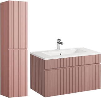 Vente-unique - Waschbeckenunterschrank hängend mit Ablagen & Einbauwaschbecken - Streifenoptik - Rosa - 80 cm - SATARA