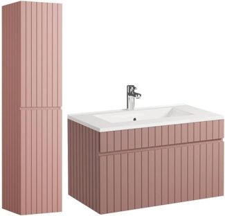 Vente-unique - Waschbeckenunterschrank hängend mit Ablagen & Einbauwaschbecken - Streifenoptik - Rosa - 80 cm - SATARA
