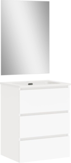 Baikal | Komplettes Badezimmermöbel-Set mit Waschbecken aus Keramik und Spiegel | DREI Schubladen, Dämpfung, Melamin 16 mm | Möbel montiert | Mattweiß | 70 cm