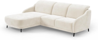 CAVADORE Ecksofa Blue/Moderne Eckcouch mit Longchair, inklusiv Kopfteilverstellung, Vorziehsitz motorisch, Klapptisch und mattschwarzen Metallfüßen / 271 x 93 x 191 / Mikrofaser, Naturweiß