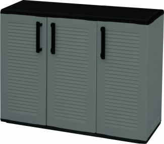 DER MITTELHOHE SCHRANK AUS POLYPROPYLEN, EINEM RECYCELBAREN UND ÖKOLOGISCH NACHHALTIGEN MATERIAL, IST MIT STAHLSCHARNIEREN UND VERSTELLBAREN EINLEGEBÖDEN AUSGESTATTET, ABMESSUNGEN L 1020 X B 370 X H 840 MM.