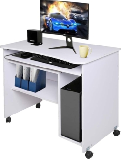 BAKAJI Schreibtisch mit Tastaturhalter und Ablage aus Holz mit weißen Rädern, Unica