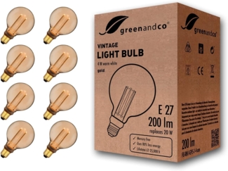 greenandco 8x Vintage Design LED Birne zur Stimmungsbeleuchtung | E27 G95 | gold | 4W 200lm | 1800K extra warmweiß | 320° | 230V | flimmerfrei | nicht dimmbar | Edison Glühbirne