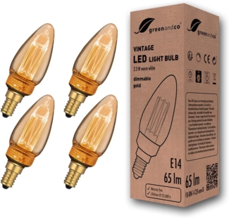 greenandco 4x LED Vintage Glühbirne zur Stimmungsbeleuchtung | dimmbar | E14 C35 | gold | 2,3W 65lm | 1800K extra warmweiß | 320° | 230V | flimmerfrei | Edison Glühbirne