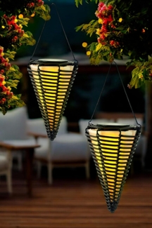 Arnusa LED Solarleuchte Hängelampen 2er Set LED Außenleuchte Solarlampen hängend kabellos, Kerzeneffekt, LED fest integriert, warmweiß, Rattan-Optik für Garten, Balkon & Terrasse
