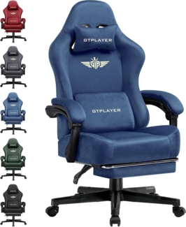 GTPLAYER Gaming Stuhl, Atmungsaktiver Bürostuhl, bürostuhl ergonomisch, Hochwertiger - Stoff, Ergonomischer PC Stuhl, 160° Verstellbare Rückenlehne und ausziehbare Fußstütze, Blau