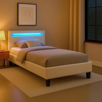 CARO-Möbel Polsterbett Mandalay mit LED Beleuchtung Einzelbett Lederbett 90x200 cm mit Lattenrahmen, Lederimitat in weiß