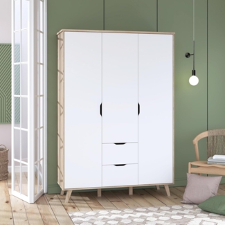 FORTE VANKKA Schrank 140, Kleiderschrank 2 Schubladen, Drehtürenschrank Skandinavisch, Schlafzimmerschrank Kinderzimmerschrank 3-türig Planked Eiche/Weiß, 139 cm breit x 201.5 cm hoch x 53 cm tief