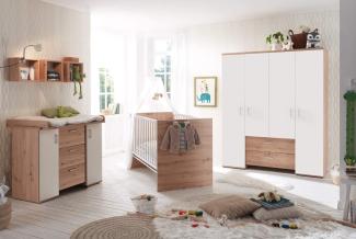 Babyzimmer Candy 7 teilig in Asteiche und Weiß matt mit Kleiderschrank, Kinderbett Babybett mit Lattenrost und Umbauseiten, Wickelkommode und Regalen - Kinderzimmer komplett Set von Mäusbacher - MD110890