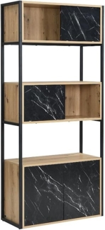 Vente-unique - Wohnwand mit 4 Türen & 2 Ablagen - MDF & Stahl - Marmor-Optik Schwarz & Holzfarben - YELANIA