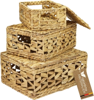 HMF Aufbewahrungskorb Aufbewahrungskorb mit Deckel, 3er-Set (3 St), Korb geflochten aus Wasserhyazinthe, Klein, Mittel, Groß