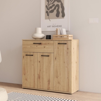 Forte NIKO Kommode 90, Skandi-Kommode, 3-türig, 1 Schublade, Holzwerkstoff, Wohn-/Schlafzimmer, Artisan Eiche Holzdekor, 89,6 cm breit x 81,7 cm hoch x 29,1 cm tief
