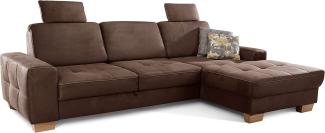 Cavadore Ecksofa Puccino mit Federkern, Bettfunktion, verstellbarer Rückenlehne und 2 Kopfstützen / Couch in L-Form im Landhausstil / 281 x 86 x 178 cm / Mikrofaser braun