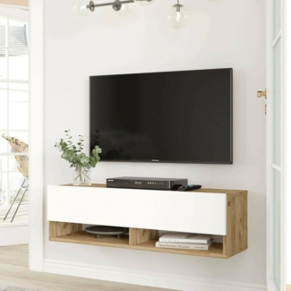 Dmora - Fernsehschrank Ananke, Ständer für Wohnzimmerfernseher, Niedriges Wohnzimmer-Sideboard, TV-Ständerbasis, 100x32h29 cm, Eiche und Weiß