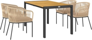 Outsunny Sitzgruppe mit Tisch, 4 Stühle, abnehmbar Sitzkissen, (wetterfest Balkonmöbel für 4 Personen, 5-tlg, 5-teiliges Polyrattan Gartenmöbel-Set), für Balkon, Garten, Naturholz+Khaki