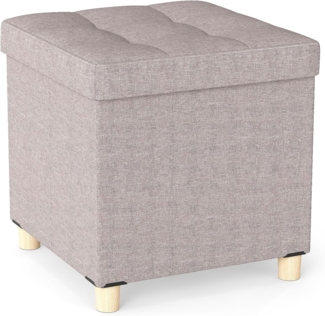 FANTASK Sitzhocker mit Stauraum, 45 x 45 x 45 cm, Aufbewahrungsbox mit gepolstertem Deckel & Gummibaumholzbeinen, Fußhocker aus Leinenstoff, für Wohnzimmer, Schlafzimmer, Beige