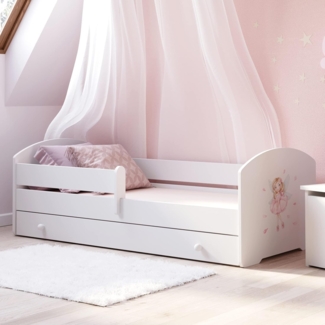 Kinderbett 160x80 cm mit Matratze und Schublade, Rausfallschutz & Lattenrost wahlweise im Dinosaurier oder Prinzessinnen Design Skandi Prinzessin