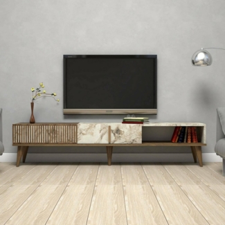 Dmora - Fernsehschrank Aquila, Ständer für Wohnzimmerfernseher, Niedriges Wohnzimmer-Sideboard, TV-Ständerbasis, 180x35h40 cm, Walnuss und Weiß