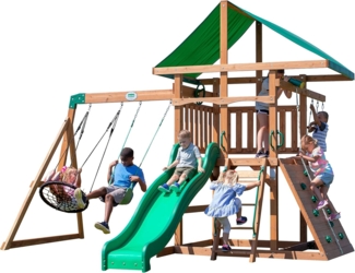 Backyard Discovery Grayson Peak Spielturm aus Holz XXL Spielhaus für Kinder mit Rutsche, Schaukel, Kletterwand & Nestschaukel | Braun, grün, Gelb | Holz | 410.00 cm