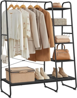 VASAGLE Kleiderständer, Garderobenständer, 45 x 120 x 160 cm Garderobe, Kleiderstange, Schuhablage, offener Kleiderschrank, 6 Haken abnehmbar, Schlafzimmer Flur, ebenholzschwarz-Mattschwarz RGR116B02