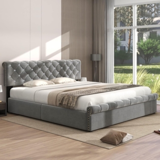 OKWISH Schlafsofa Daybett Tagesbett Doppelbett Stauraumbett Kinderbett Polsterbett, Multifunktionsbett mit LED-Lichtleiste, USB-Steckdose und Lattenrost aus hautsympathischem Samtstoff - ideal für Wohnzimmer und Gästezimmer, Ohne Matratze