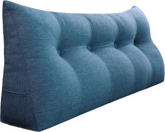 VERCART Großes Bettruhe Keilkissen, Lang Lesekissen, Dekoratives Kopfteilkissen, Dreieckiges Rückenkissen, Loungekissen für Tagesbett oder Couch, Leinenmischung Blau, 120CM