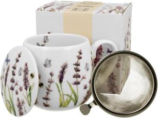 DUO FLORAL Fassbecher 430 ml CLASSIC LAVENDER mit Teesieb, New Bone China Porzellan