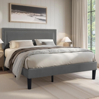 VECELO Polsterbett 140x200 cm Doppelbett Bettrahmen mit Höhenverstellbarem Kopfteil, Gepolstertes Bettgestell mit Lattenrost, Samtbezug, für Erwachsene & Jugendliche, Ohne Matratze, Grau