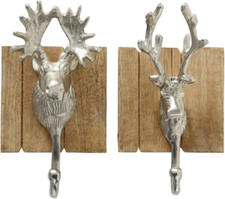 2 Garderobenhaken Holz Alu Hirsch-Kopf Braun Set Wandhaken Wand-Garderobe