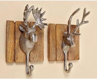 2 Garderobenhaken Holz Alu Hirsch-Kopf Braun Set Wandhaken Wand-Garderobe