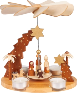 BRUBAKER Weihnachtspyramide Teelichtpyramide aus Holz - Stern von Betlehem, Jesus, Maria und Josef, 22 cm drehbare Tischpyramide für 4 Teelichter - Weihnachten Handbemalt