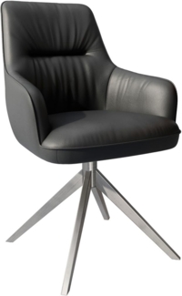 Esszimmerstuhl Zelia-Flex mit Armlehnen Echt-Leder Schwarz Kreuzgestell breit Edelstahl Taschenfederkern