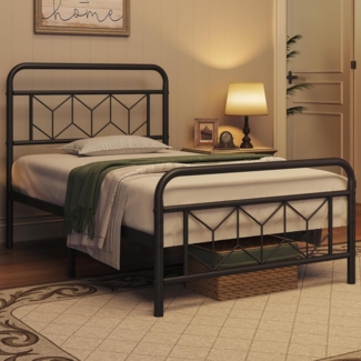 Yaheetech Bettgestell 90x190 cm, Vintage Metallbett Bettrahmen mit Hohem Kopfteil, Moderner Minimalistischer Einzelbett mit Lattenrost & Stauraum unter dem Bett, Gästerbett für Schlafzimmer, Schwarz