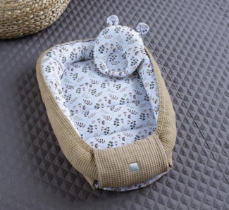 Braun BLUMEN/Taupe Waffelpique Bio-Baumwolle Babynest Neugeborene Baby Unterlage Reisebett Nestchen SOLO/o. in PREMIUM Ausstattung SETS (Nest + Bärchen)