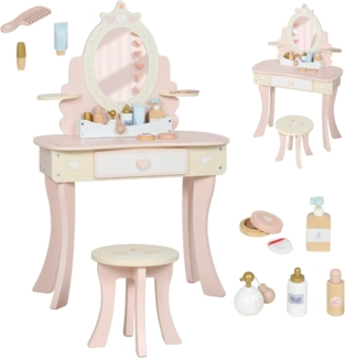 AIYAPLAY Schminktisch mit Hocker, Schublade, abnehmbar Spiegel, Regal, 7 Spielzubehörteilen (Frisiertisch, 2-St, 2-in-1-Kosmetiktisch), für Kinder ab 3 Jahre, Rosa