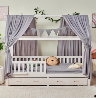 Alavya Home® Hausbett CLOUD aus Buche FSC® 100% zertifiziert KOMPLETT SET mit Musselin DEKO (Kinderbett 90x200 cm mit Schubladen I KOMPLETT Set - inkl. 100% Bio-Musselin Baumwolle Deko und Matratze I GOTS zertifiziert, Massivholzbett mit Rausfallschutz...