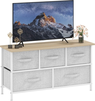 DWVO Kommode mit 5 Schubladen, Schrank aus Stoff mit Griffen, Metallgestell & MDF-Holzplatte, langlebig, für Schlafzimmer & Wohnzimmer,Hellgrau